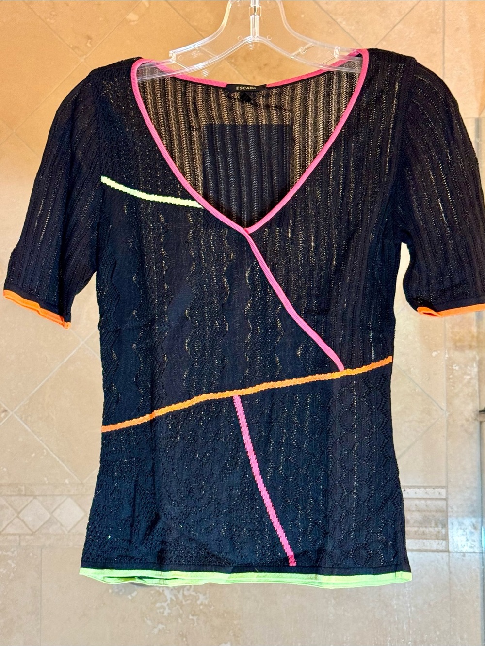 Escada Black Short Sleeve Knit Top with Neon Pink, Orange & Lime Trim